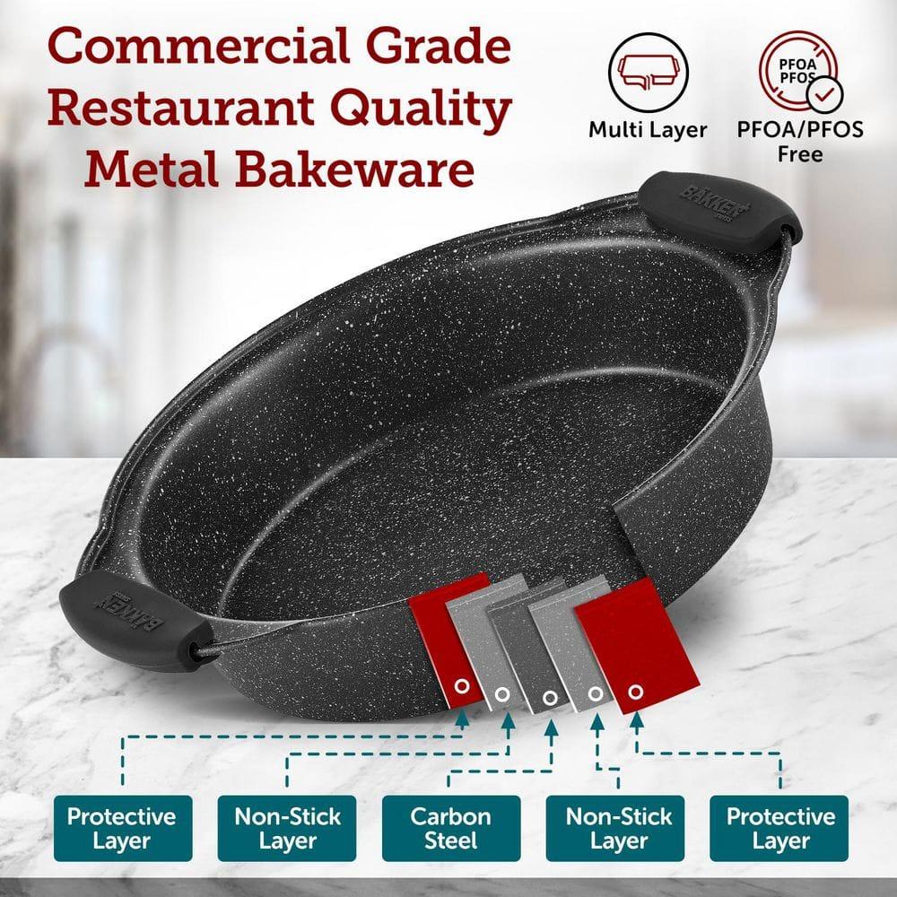 BAKKEN 8-Piece Kitchen Oven Baking Pans Set - Deluxe Nonstick Gray Marble Coating, Professional Grade Carbon Steel Bakeware with Silicone Handles