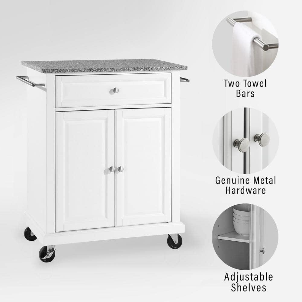 Crosley Solid Granite Top Portable Kitchen Cart/Island White: Hardwood Frame, Adjustable Shelves, Universal Storage