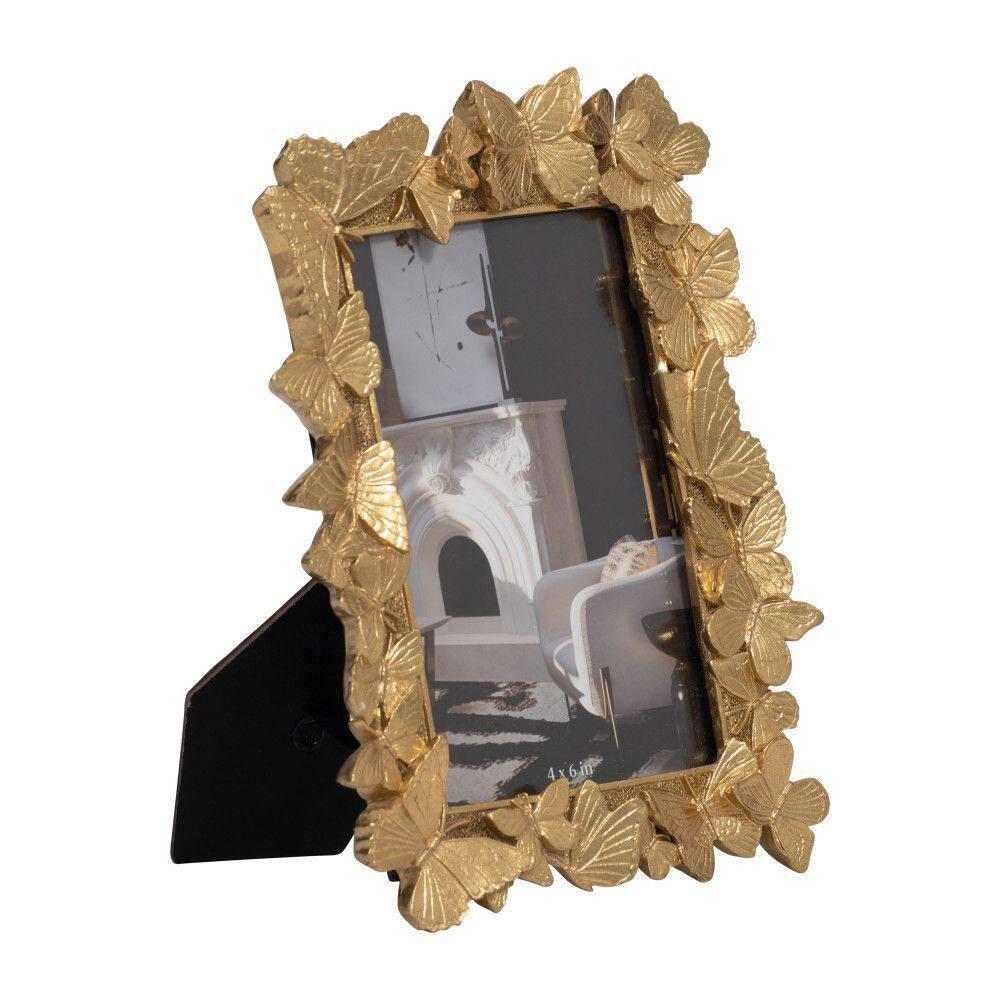 Sagebrook Home Vintage Inspired 4x6 Gold Polyresin and Glass Photo Frame with Butterflies Decor