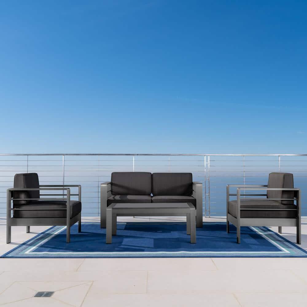 Noble House Cape Coral Outdoor Grey Aluminum 4 Pc Loveseat Chat Set