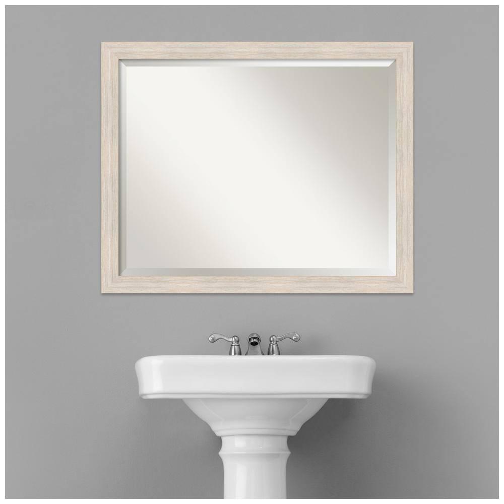 Amanti Art Beveled Wood Bathroom Wall Mirror - Hardwood Whitewash Narrow Frame - Hardwood White Wash Narrow Outer Size: 31 x 25 in
