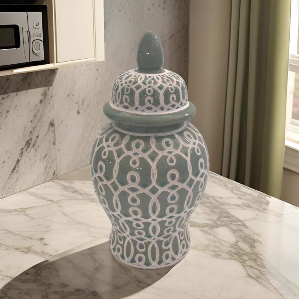 Olive Green Ceramic Temple Jar with Intricate Geometric Pattern