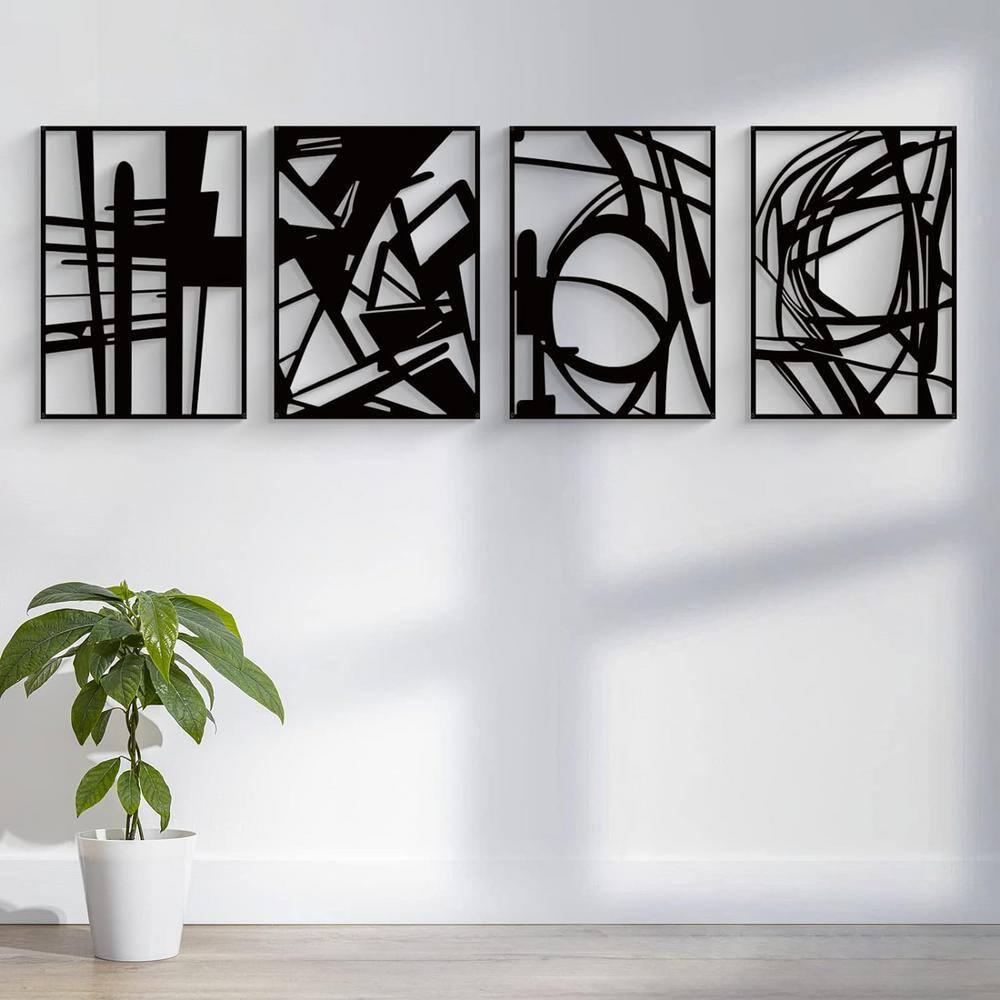 4 Pack Black Abstract Metal Wall Art, Minimalist Décor Single Line Art Décor, 3D Textured Sculptures, for Living Room Bedroom Bathroom Study (Black, M Size 16 x 11'')