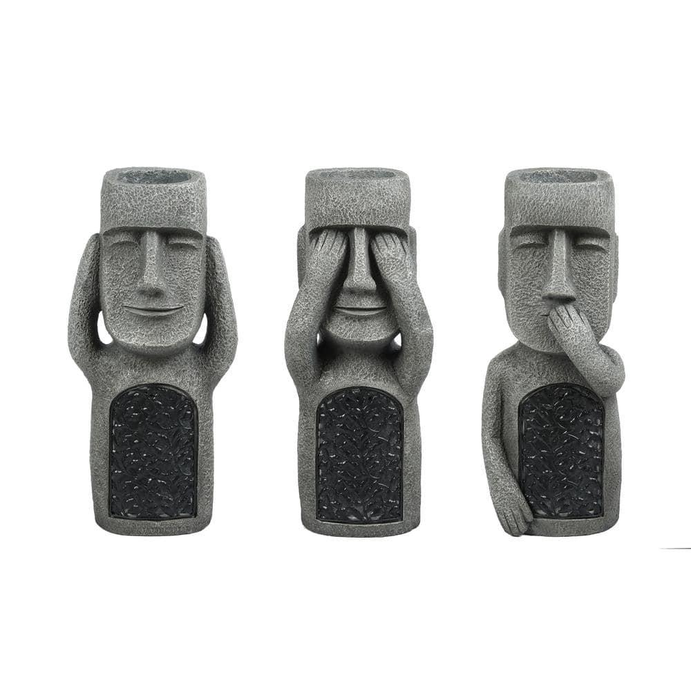 LuxenHome Gray MgO Set of 3 Garden Easter Island Solar Statues