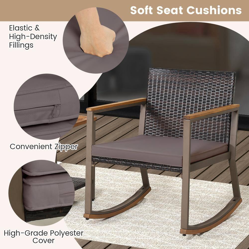 3 Pieces Rattan Rocking Bistro Set, Patio Conversation Sets with Coffee Table and Cushions-Off Navy