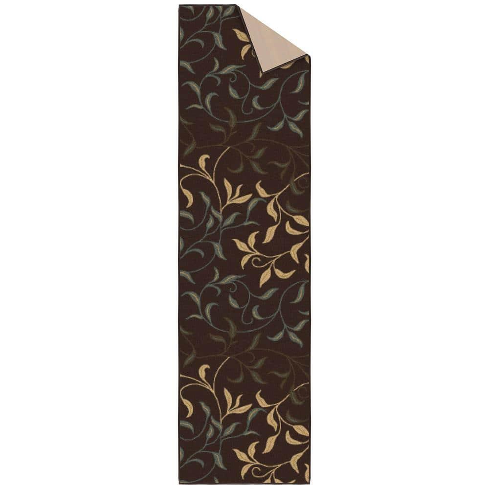 Ottohome Non-Slip Leaves Area Rug For Living Room, Hallway Runner, Entryway Rug, Brown