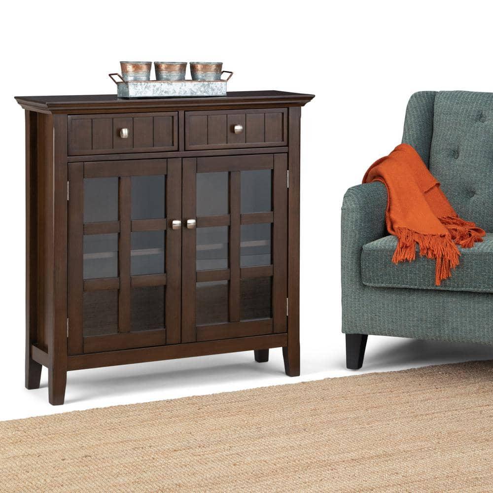 Simpli Home Acadian 36"W Solid Wood 2-Shelf Entryway Storage Cabinet with Glass Doors and 2 Drawers