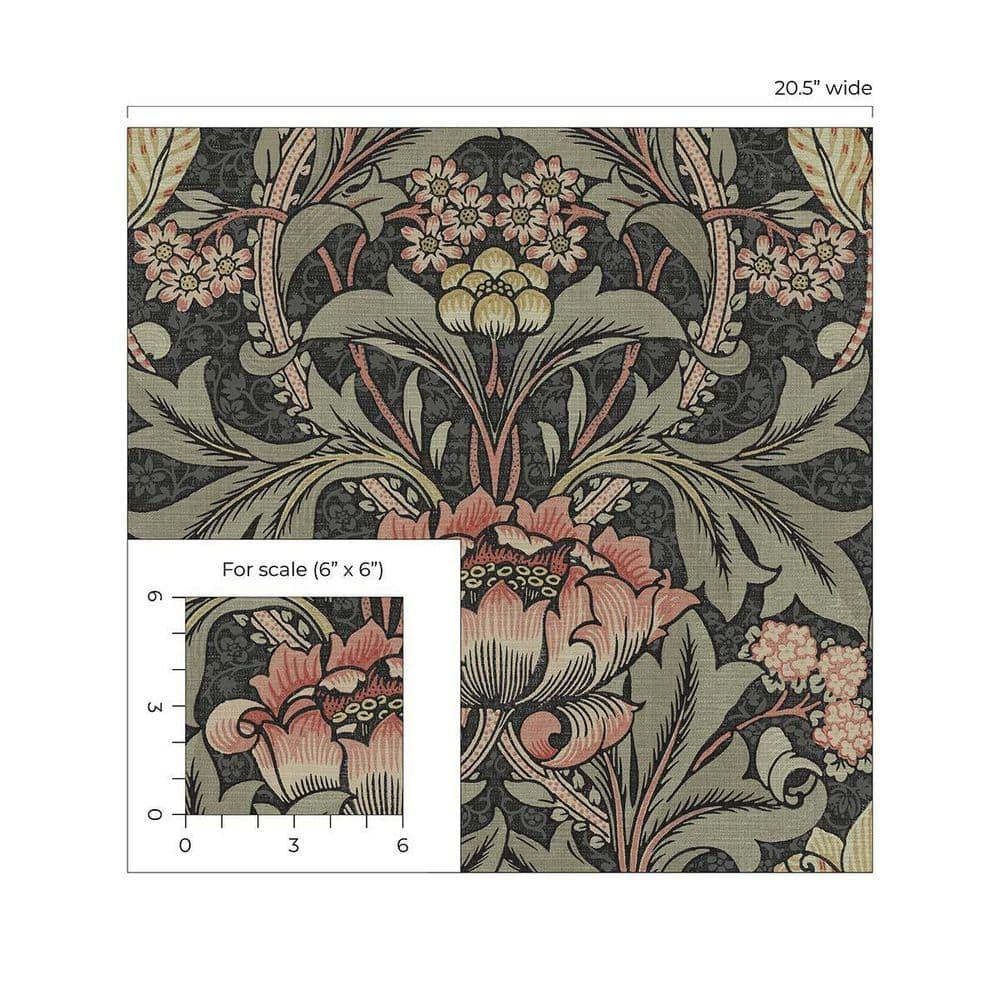 Charcoal and Rosewood Floral Vinyl-Coated Wallpaper Roll