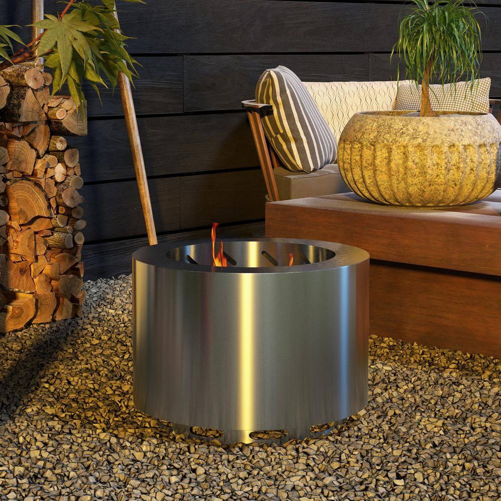 Outsunny Smokeless Fire Pit, 19" Wood Burning Firepit with Poker, Stainless Steel, Silver