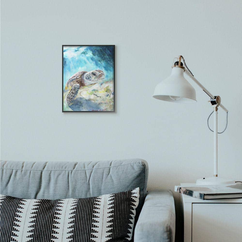 Stupell Industries Sea Turtle Ocean Animal Blue Watercolor Painting Framed Giclee Texturized Art by George Dyachenko