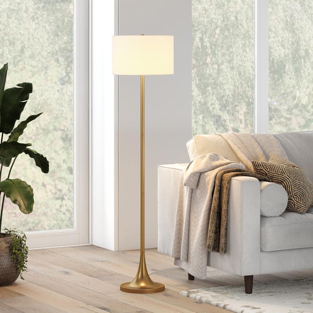 Evelyn&Zoe Josephine 62" Tall Floor Lamp with Fabric Shade, Brass/White