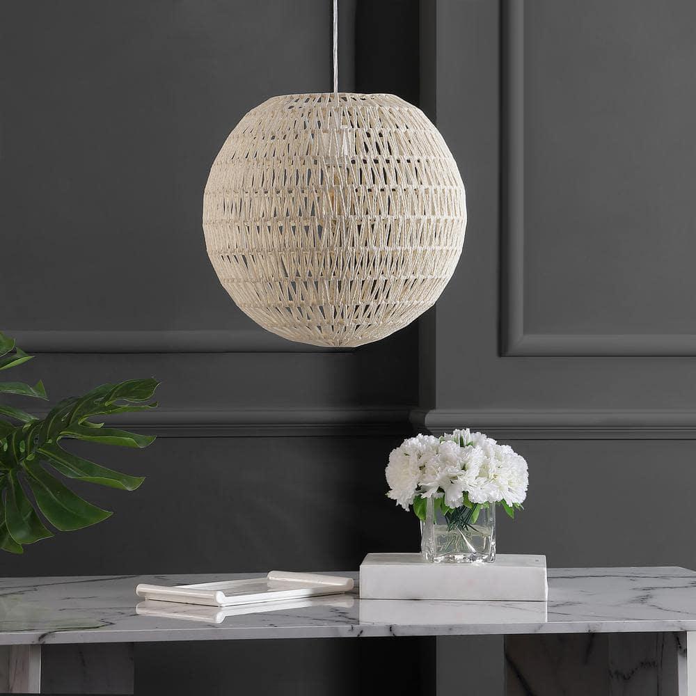 Luna 15.75" 1-Light Bohemian Modern Woven Rattan/Iron LED Pendant, Cream/White