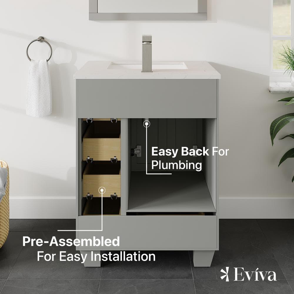 Eviva Acclaim 24" Gray Transitional Bathroom Vanity w/ White Quartz Top
