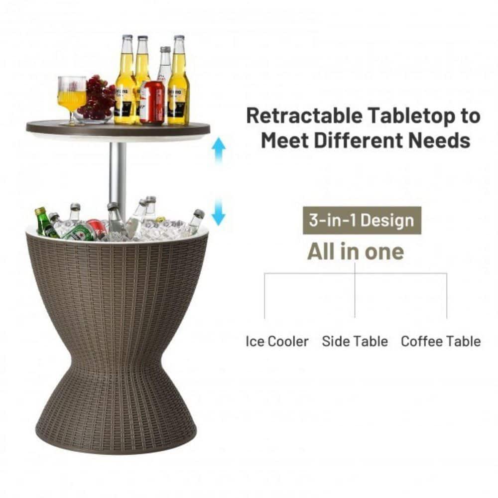 Demifill 3 In 1 8 Gallon Patio Rattan Cooler Bar Table with Adjust Ice Bucket, Outdoor Ice Cooler with Exquisite Wicker Outlook, Versatile Ice Cooler for Outdoor as Patio, Poolside, Brown