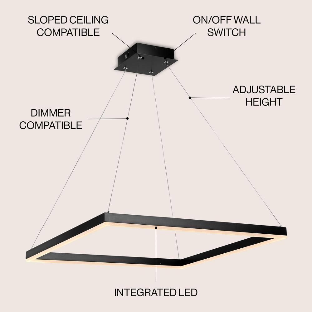 Nero 23.63" Square Contemporary Modern Metal Integrated LED Pendant Light, Black