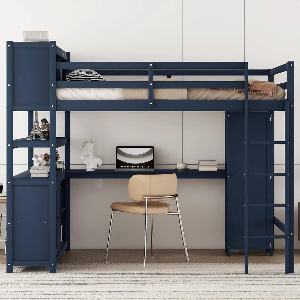 Dark Blue Full Size Wood Loft Bed with Wardrobe, Desk, Bookshelf and Cabinet