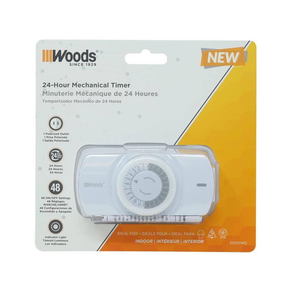 Woods 50101WD Easy-to-use Narrow Style Indoor 24-Hour Mechanical Timer, Single 2-prong (polarized) Outlet, White