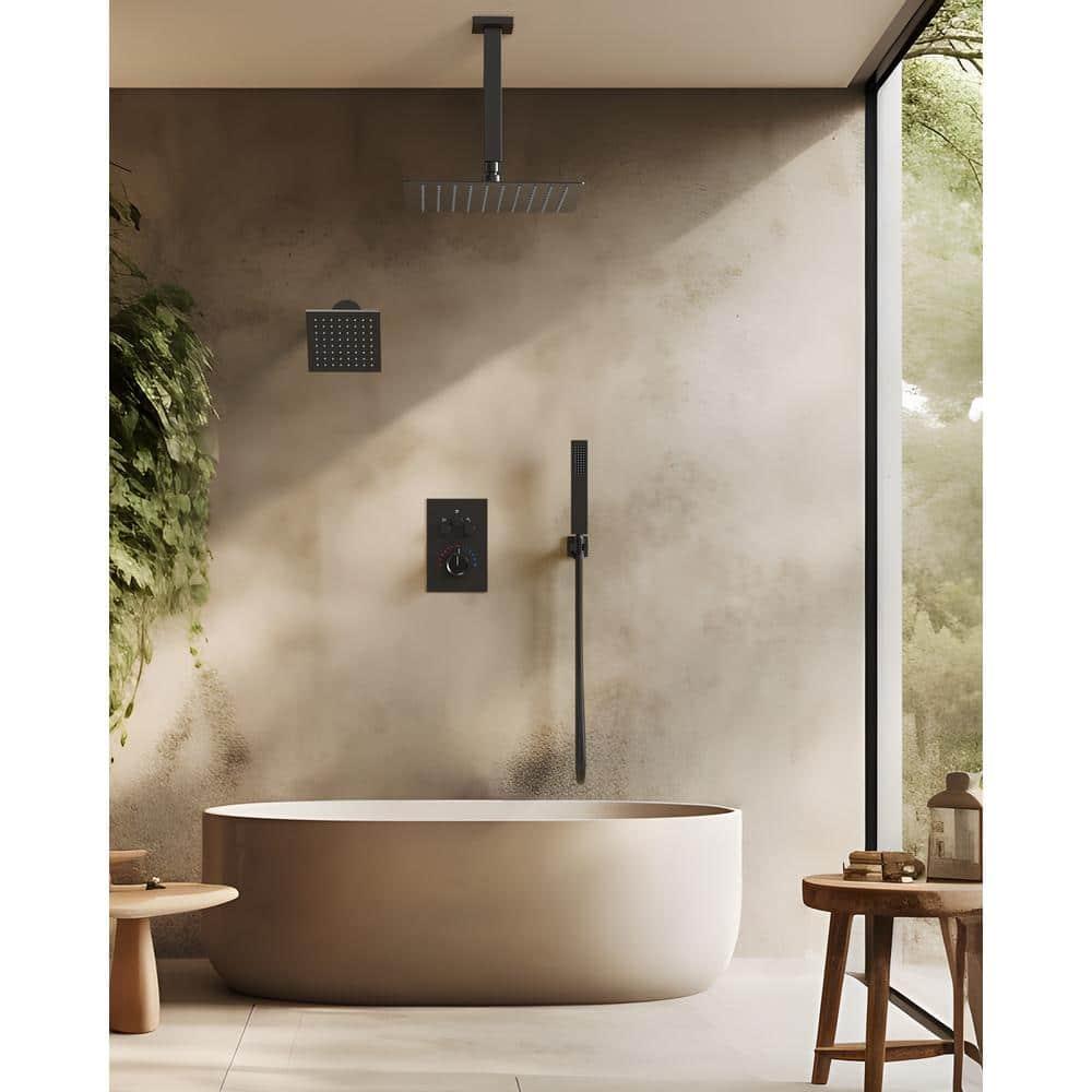 GRANDJOY Dual Wall Mount Rainfall Shower Head System Luxury Adjustable 12 inch & 6 inch Shower Faucet Set with Handheld Shower Spray Thermostatic Pressure Balance Value, Matte Black