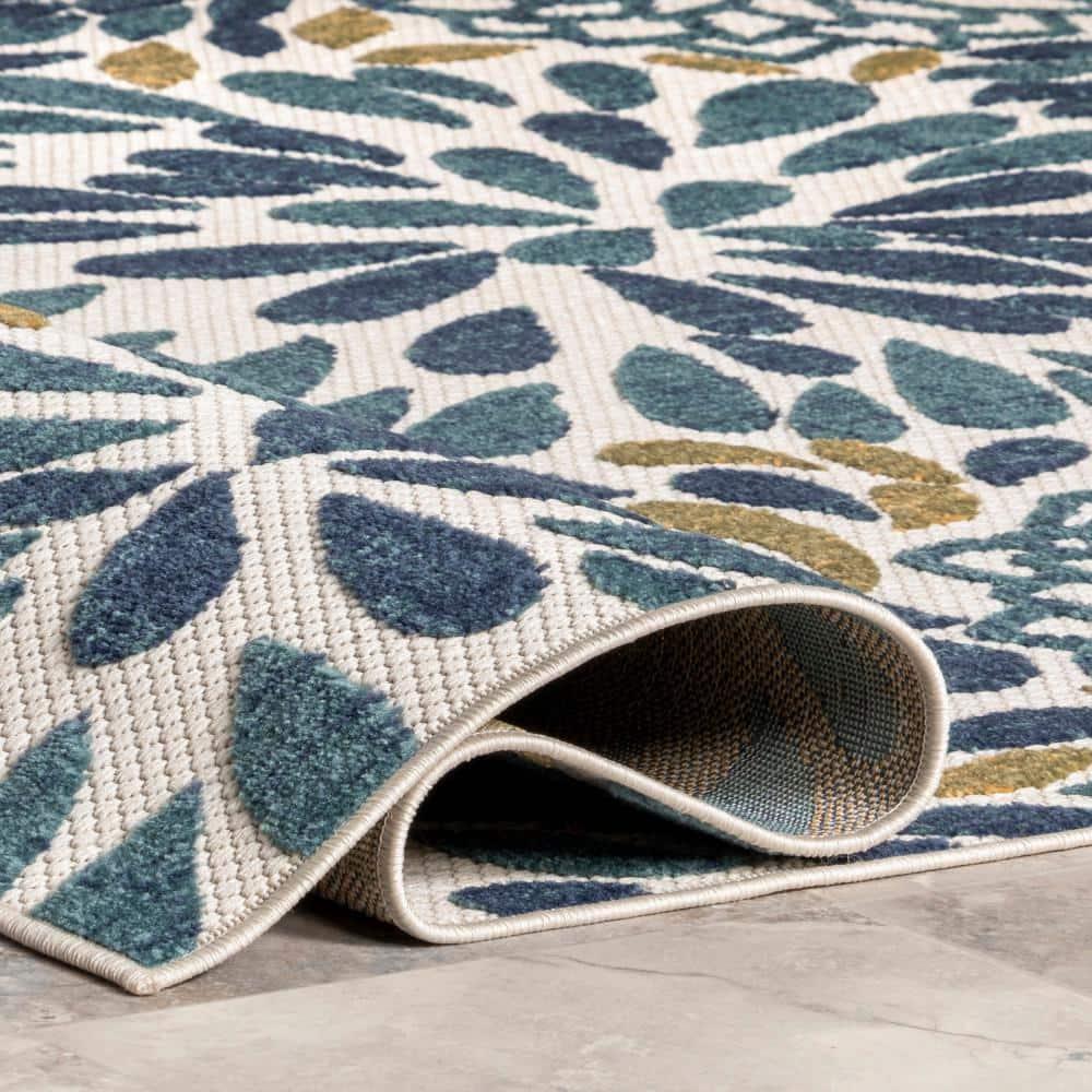 Teal and Olive Green Floral Synthetic 8' x 10' Area Rug