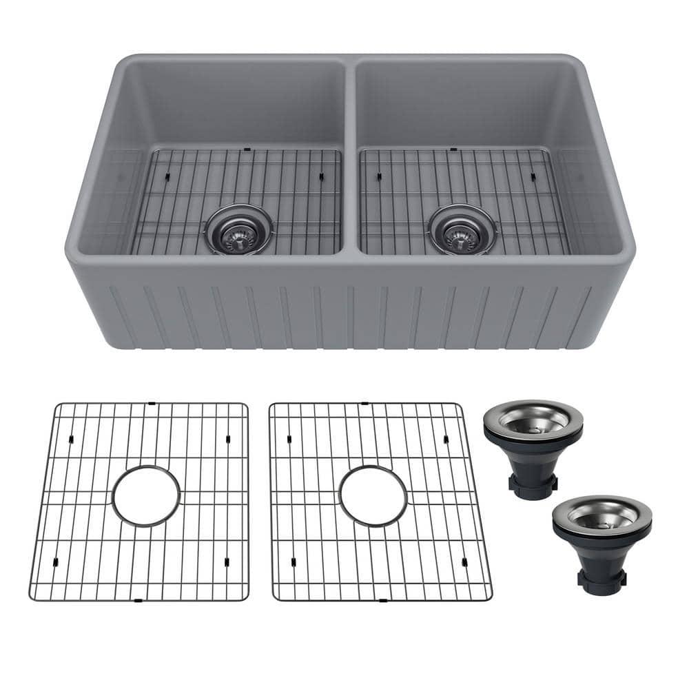 33-Inch Striped Farmhouse Reversible Apron Front Fireclay Double Bowl Kitchen Sink with Grid and Drainer，Matte Grey