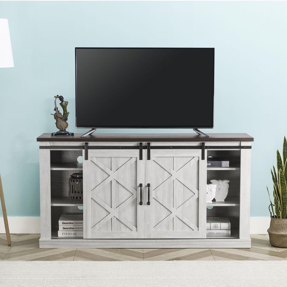 58" TV Stand for TVs up to 65" Saw Cut Off White - Home Essentials: Sliding Barn-Door, Adjustable Shelves
