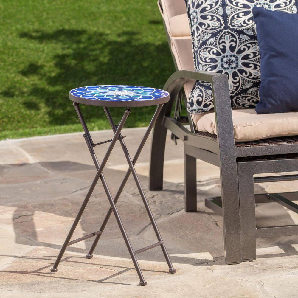 Fleur De Lis Living Folding Blue and White Top Side Table with Iron Frame, Multifunctional Plant or Beverage Stand