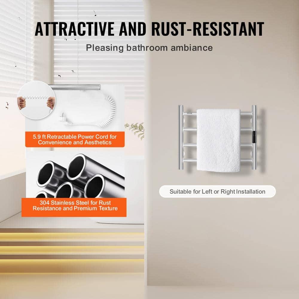 VEVOR 4 Bars Towel Warmer Rack, Wall Mounted Heated Towel Rack for Bathroom, IPX5 Waterpoof Towel Heater Rack with Timer & LED Display Screen, 5 Levels Adjustable Temperature Towel Heater, Silver