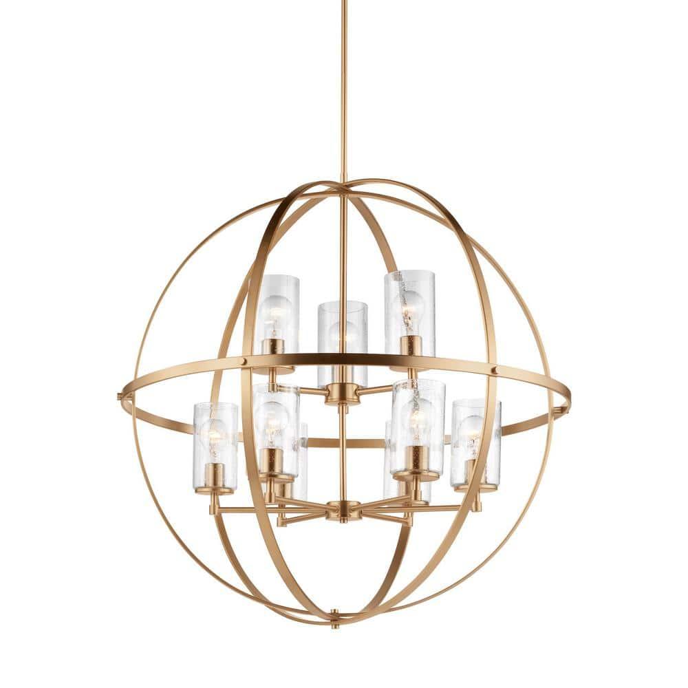 Alturas 9-Light Satin Brass Modern Hanging Globe Chandelier with Clear Seeded Glass Shades