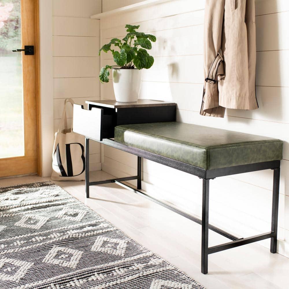 Maruka Bench with Storage - Grey Wash/Dark Green - Safavieh