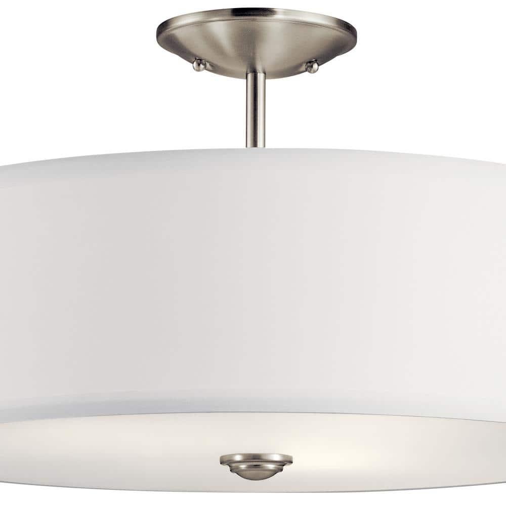 Shailene 18" 3 Light Round Semi Flush with Satin Etched White Diffuser and White Microfiber Shade in Brushed Nickel