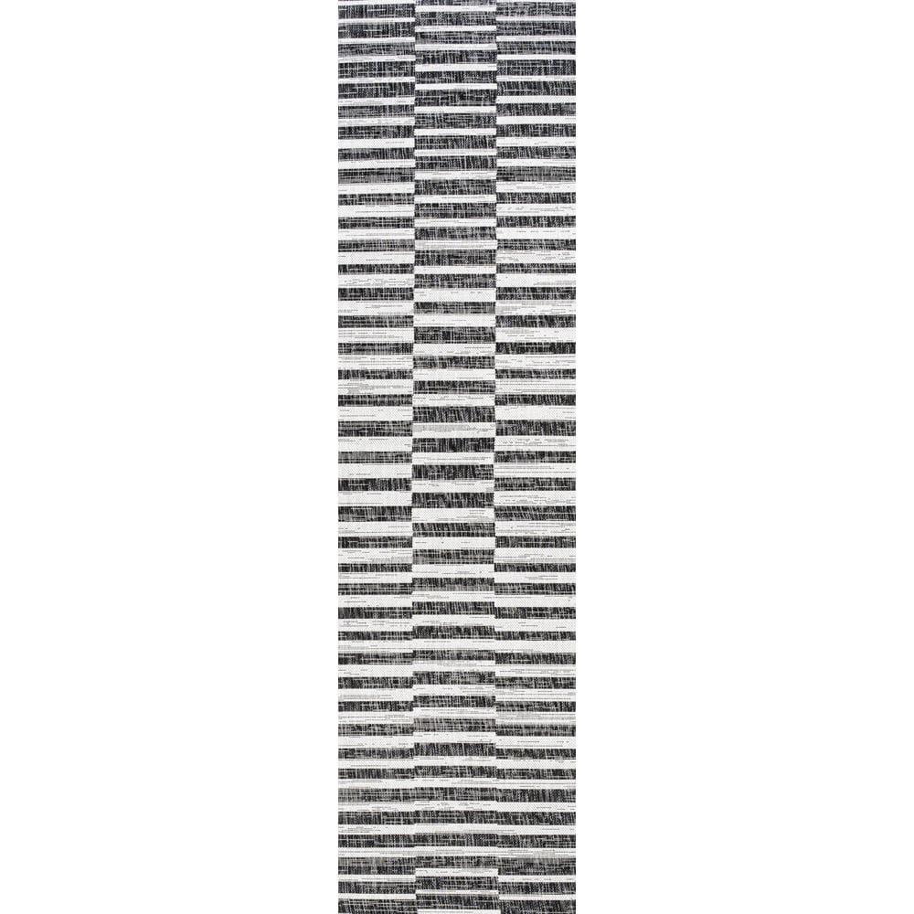 2'x10' Sukie Modern Offset Stripe Indoor/Outdoor Runner Rug, Black/Ivory - JONATHAN Y