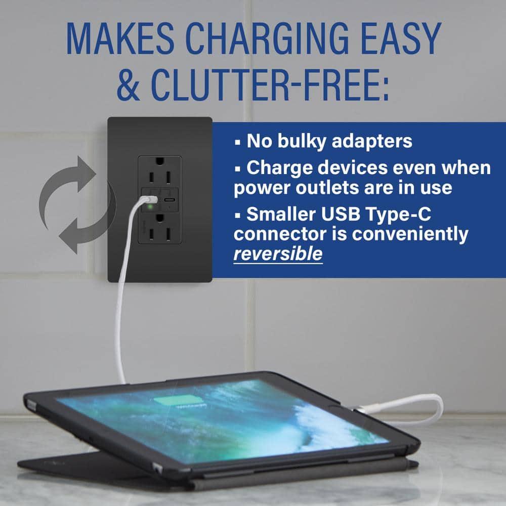 radiant 15 Amp 125-Volt Tamper-Resistant Duplex Outlet with Ultra-Fast 6A PLUS 30W Power Delivery USB C/C, Black
