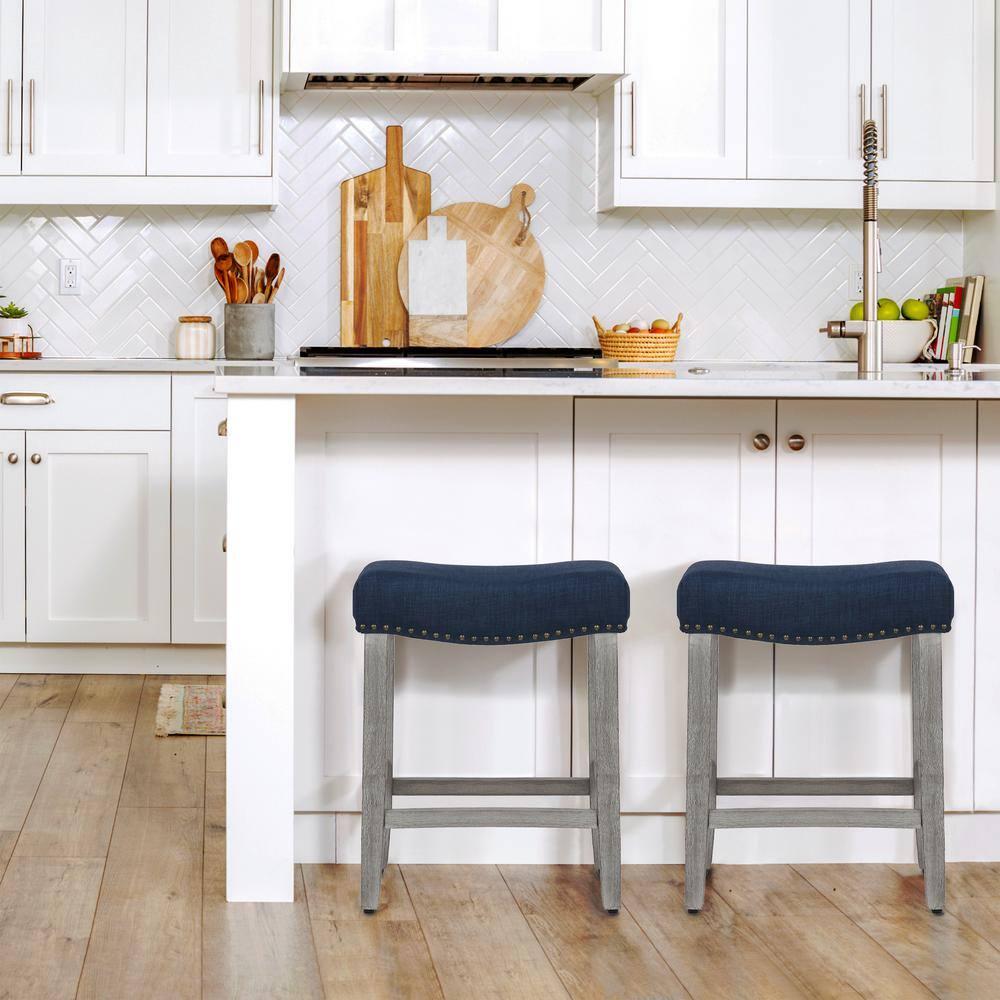 Polytrends Jameson Upholstered Polyester 24" Counter Stool - Gray Legs/ Saddle Seat Antique Gray/Navy Blue Wood Wood Foam 250lbs