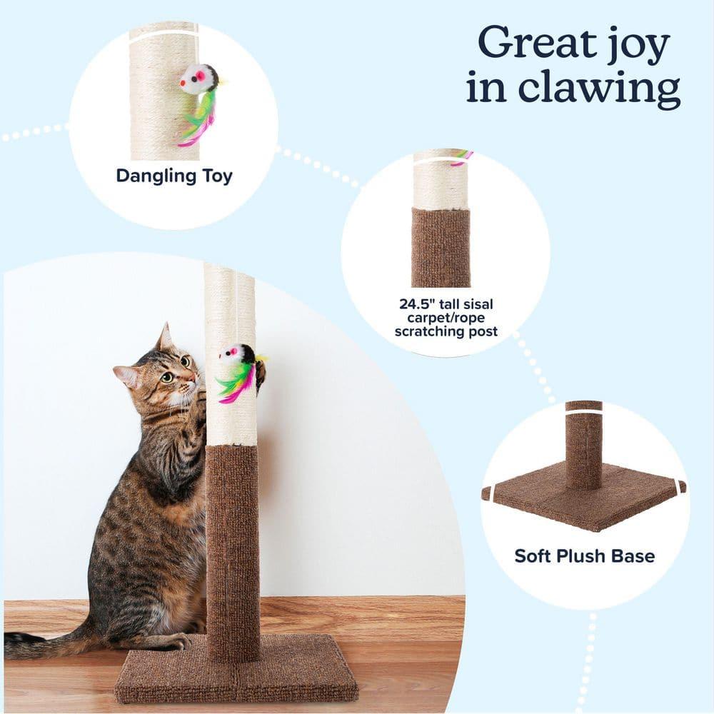 Cat Scratching Post - Tall Scratcher for Cats and Kittens with Sisal Rope and Carpet Hanging Mouse Toy for Interactive Play by PETMAKER (24.5 Inch)