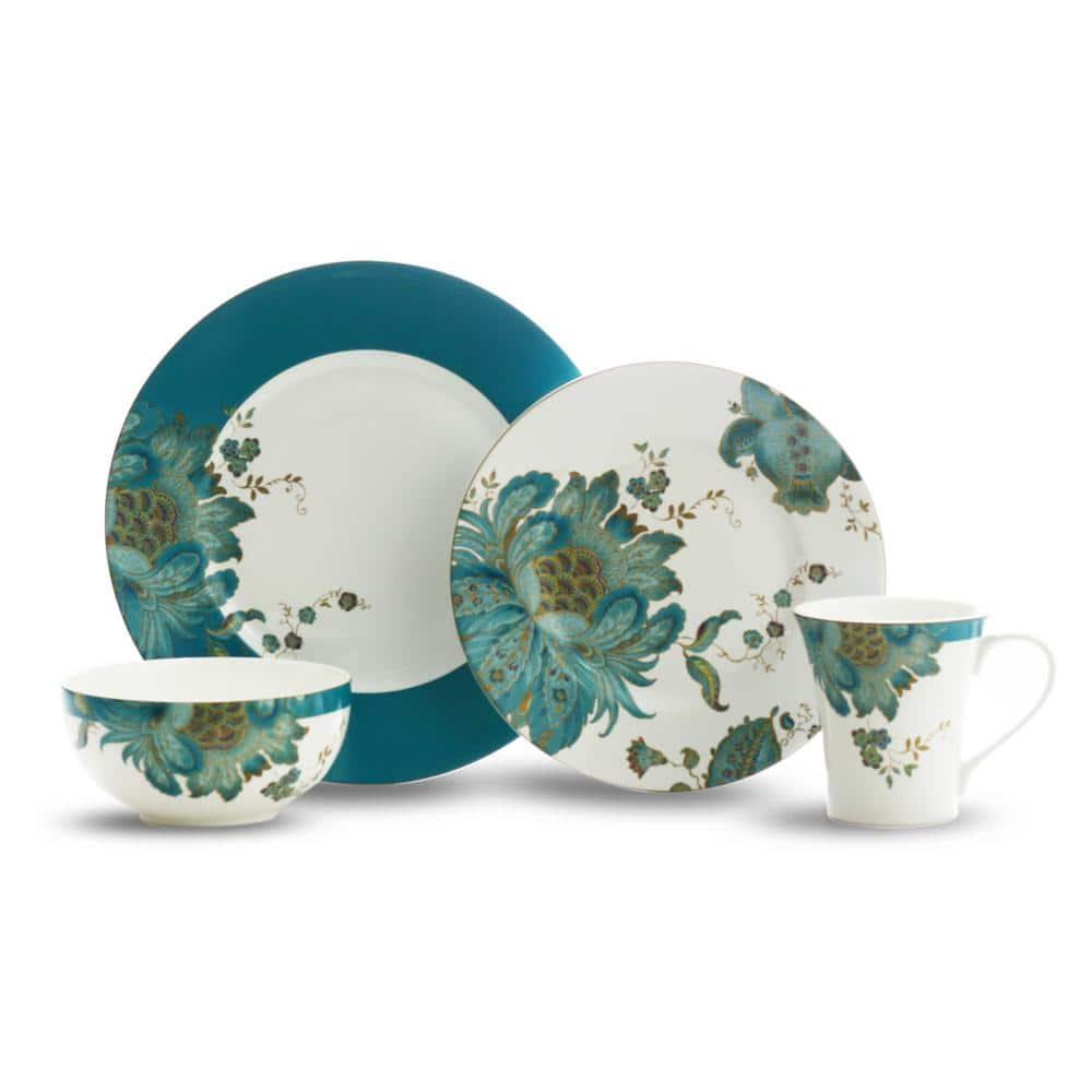 16pc Porcelain Eliza Dinnerware Set Blue/White - 222 Fifth: Floral Botanical Dish Set, Microwave & Dishwasher Safe