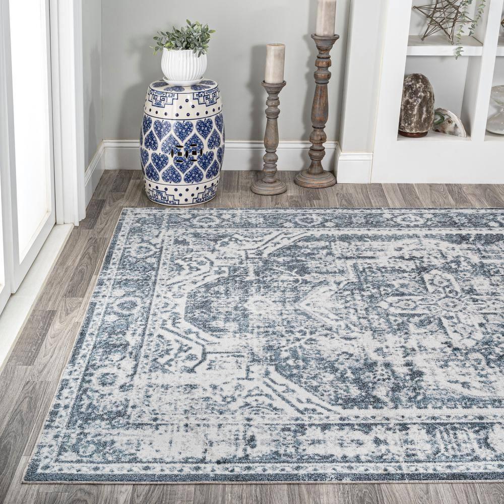 JONATHAN Y Keesha Bold Distressed Medallion Low-Pile Machine-Washable Cream/Blue 3 ft. x 5 ft. Area Rug