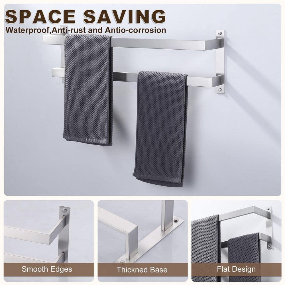 2-Tier Stainless Steel Wall Mounted Square Towel Rack With Concealed Mounting Hardware Staggered Two Rod Towel Rack