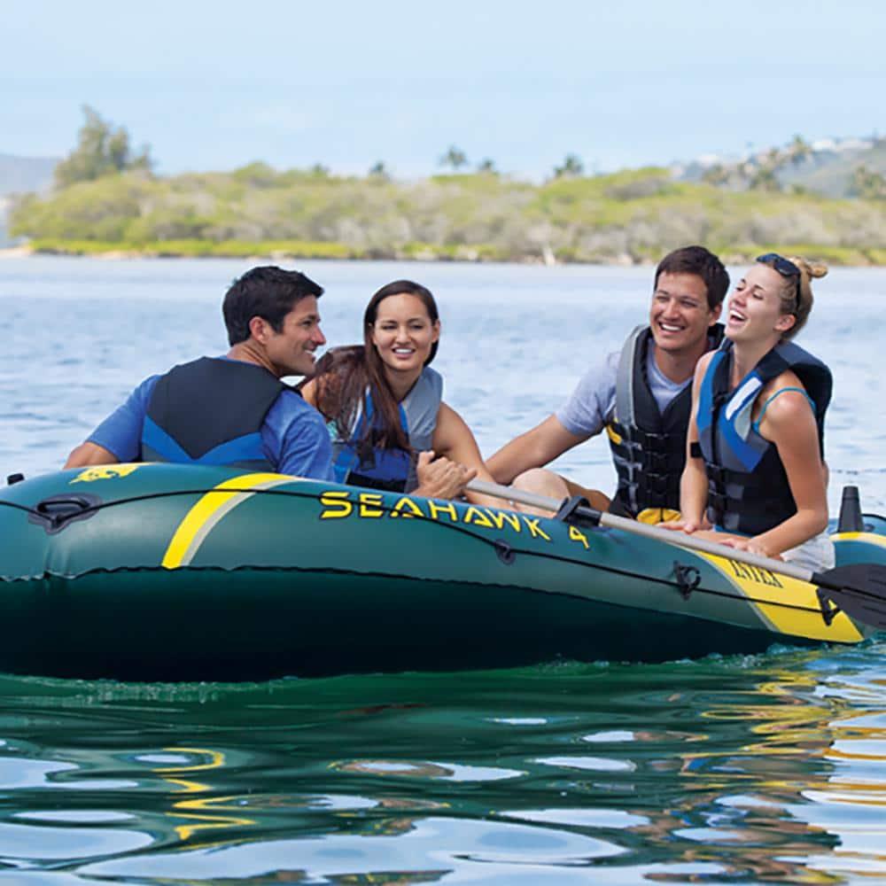 INTEX 68351EP Seahawk 4 Inflatable Boat Set: Includes Deluxe 54in Boat Oars and High-Output Pump – SuperStrong PVC – Fishing Rod Holders – 4-Person –
