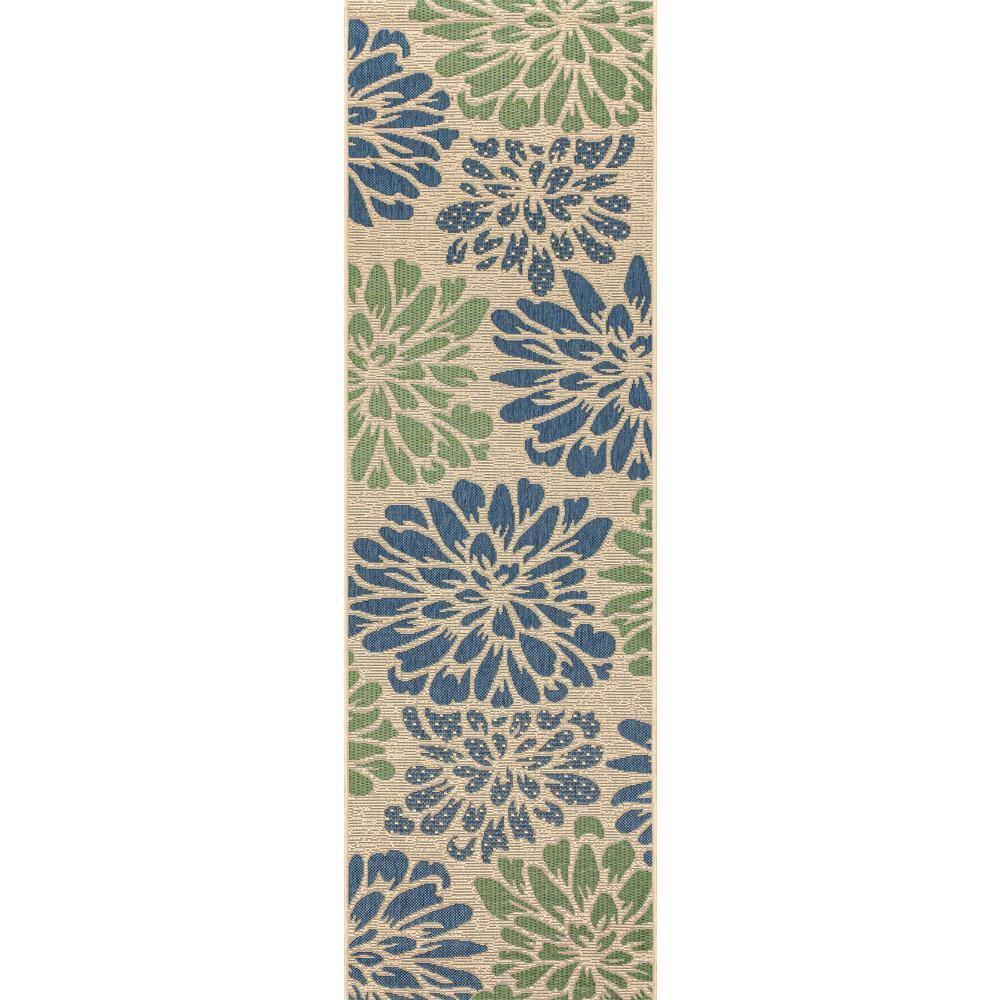 2'x8' Zinnia Modern Floral Textured Weave Indoor/Outdoor Runner Rug, Navy/Green - JONATHAN Y