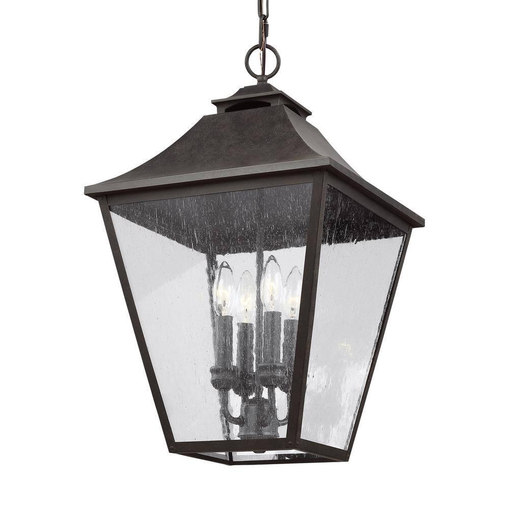 Sable Bronze 4-Light Outdoor Hanging Lantern with Clear Seeded Glass