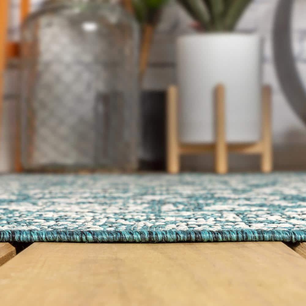 4'x6' Tela Bohemian Textured Weave Floral Indoor/Outdoor Area Rug, Teal/Gray - JONATHAN Y