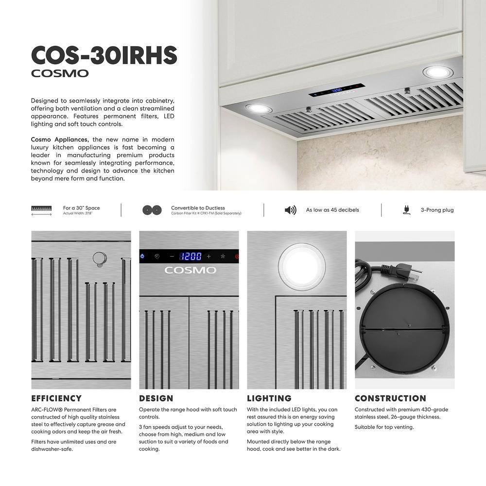 Cosmo 30 in. Lumin Collection Ducted Insert Range Hood, Touch Controls, LED Lights, Permanent Filters, Stainless Steel