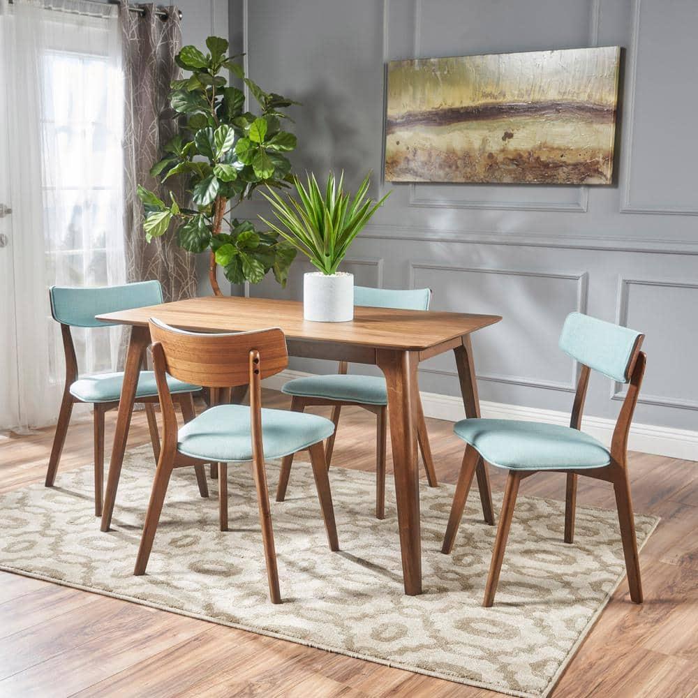 Christopher Knight Home 5pc Megann Mid Century Wood Dining Set Walnut/Mint: Polyester Upholstered Chairs, Rectangular Table