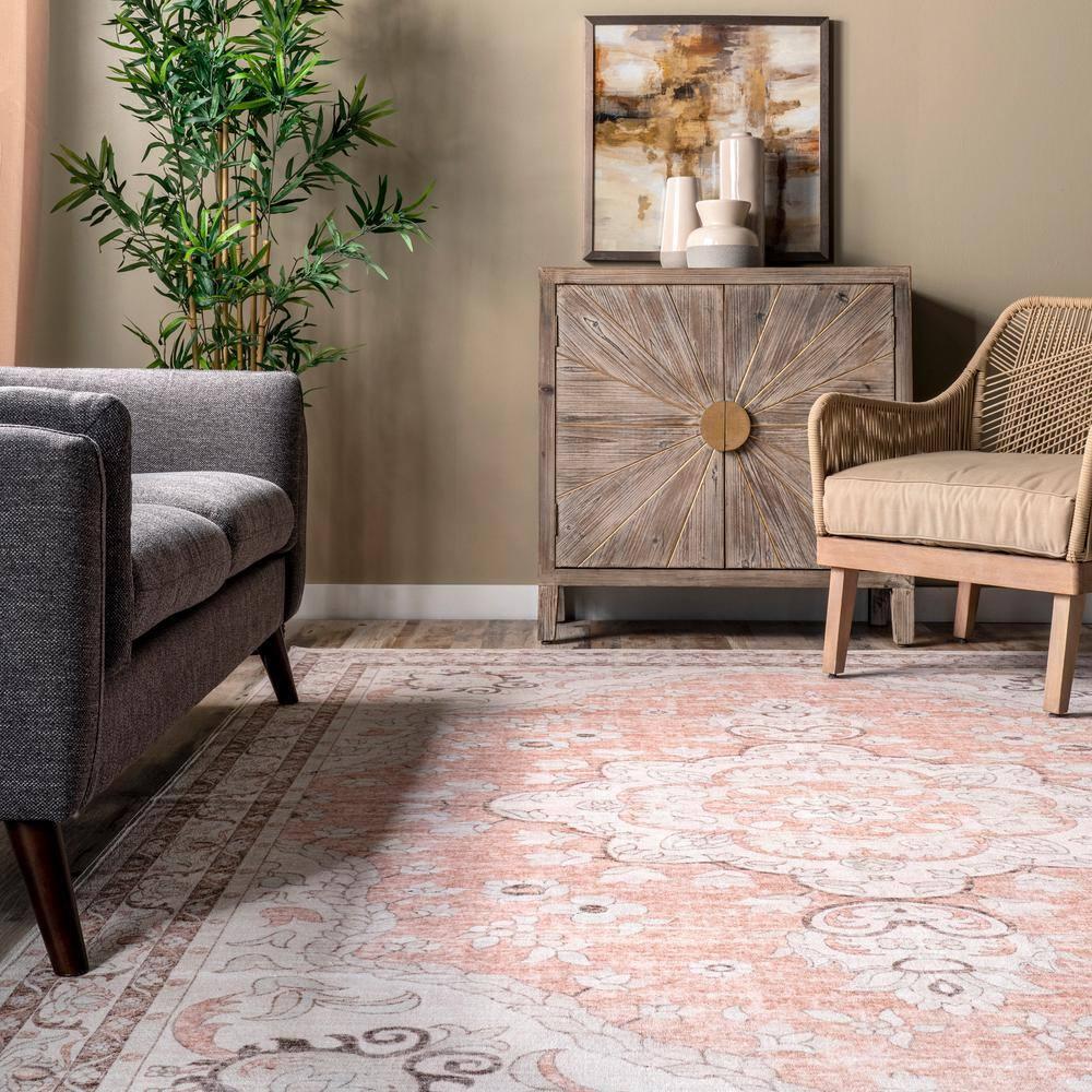 Nuloom Tracie Pet Friendly Machine Washable Floral Medallion Area Rug, 8' x 10', Peach