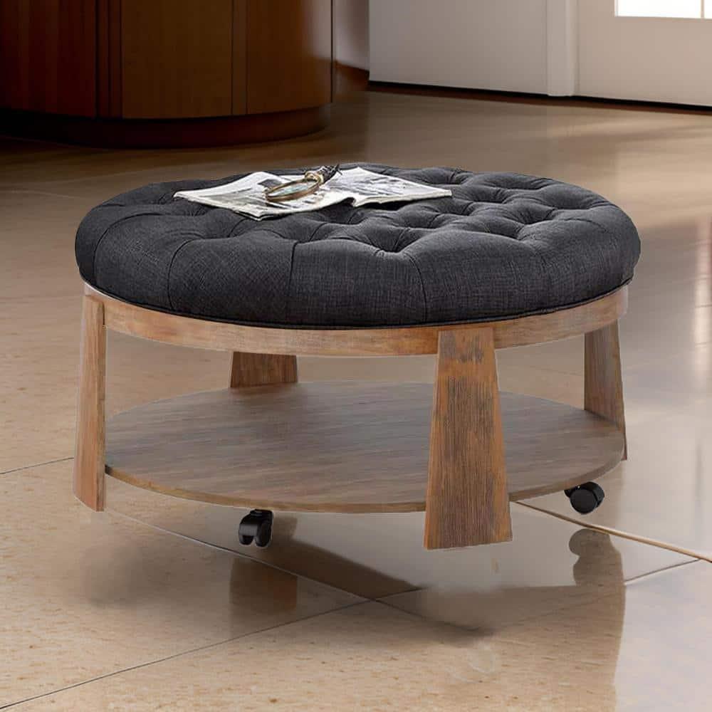 Benjara Gus 41 Inch Ottoman Coffee Table, Button Tufted Gray Fabric, Brown Wood