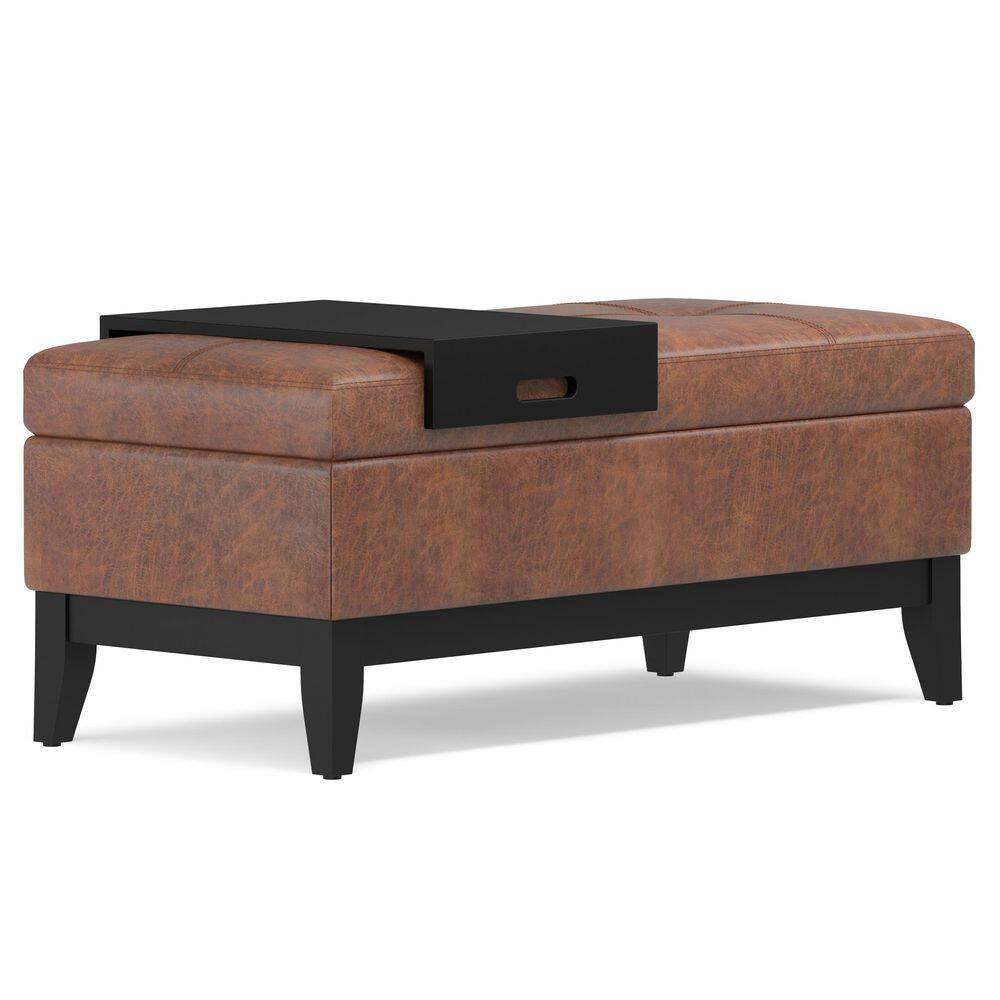 Simpli Home Oregon 42"W Upholstered Storage Ottoman Bench with Lift-Top Lid and Tray