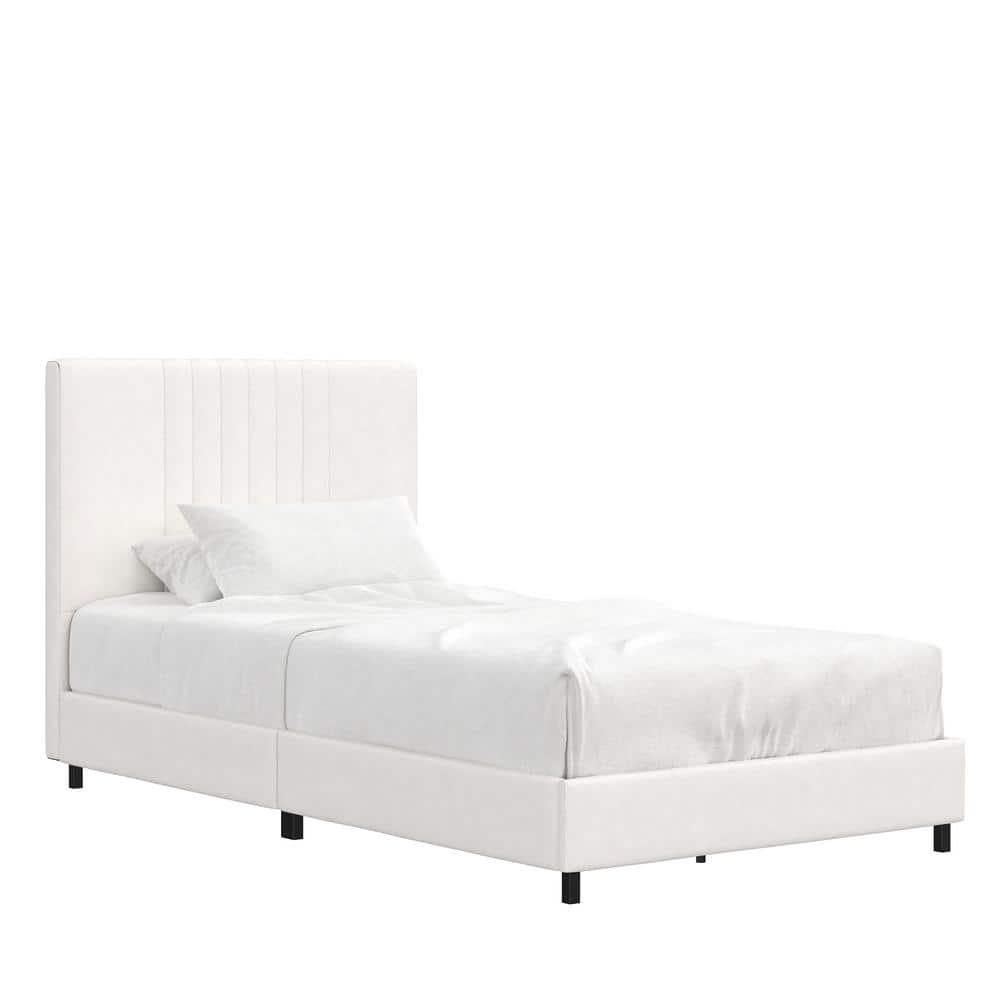RealRooms Rio Faux Leather Upholstered Platform Bed with Tufted Headboard, Twin, White