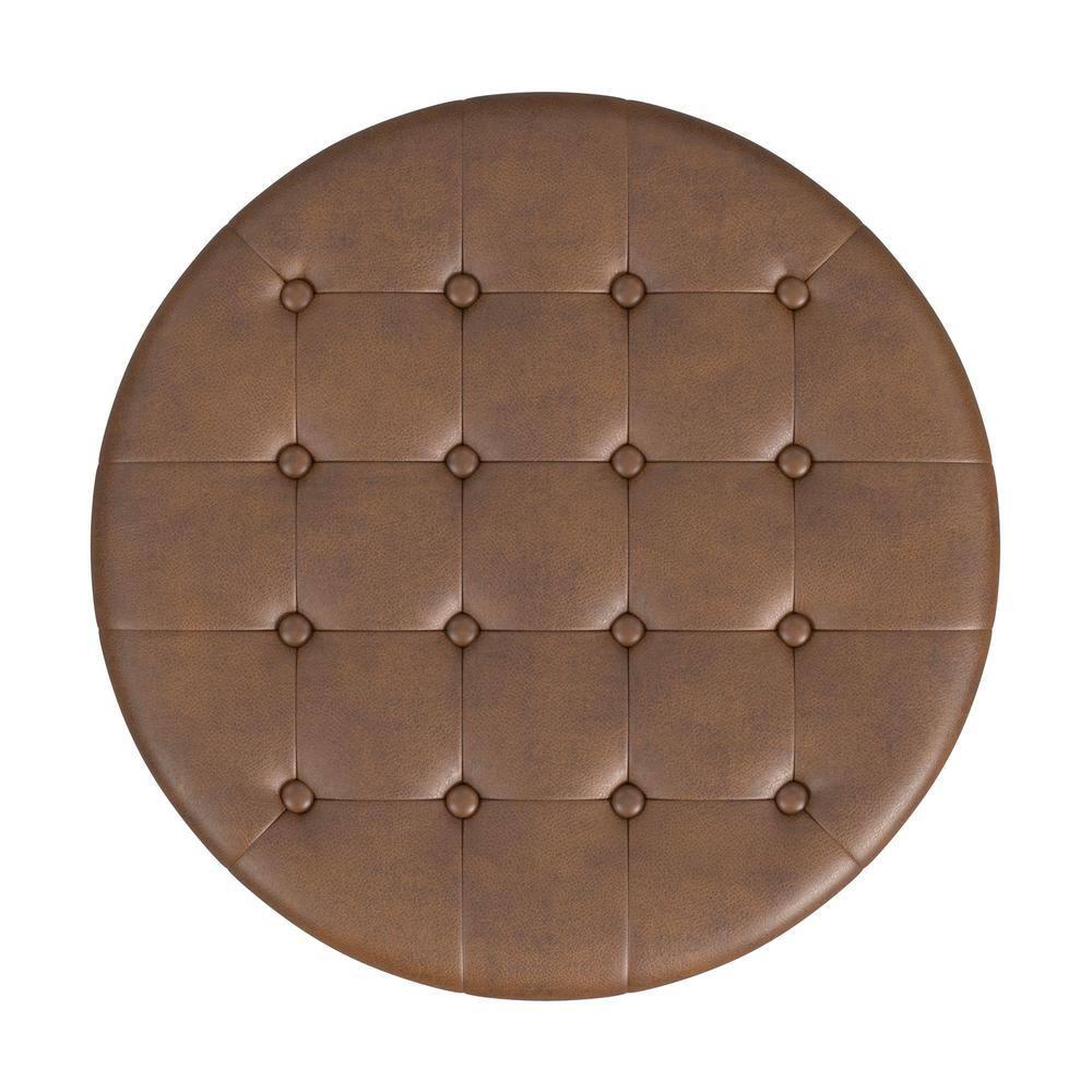 HomePop Tufted Faux Leather Round Storage Ottoman Brown: Upholstered Traditional Decor, Hardwood Frame