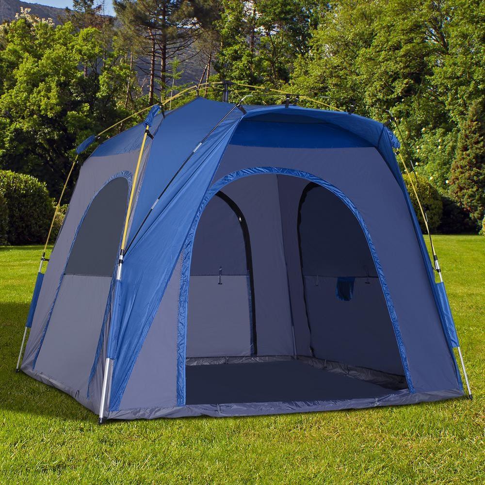 Outsunny Camping Tents 4 Person Pop Up Tent Quick Setup Automatic Hydraulic Family Travel Tent w/ Windows, Doors Carry Bag Included, Blue