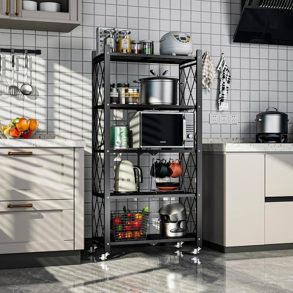 5-Tier Black Metal Kitchen Shelf Foldable Storage Rack with WheelsMultifunctional Cart